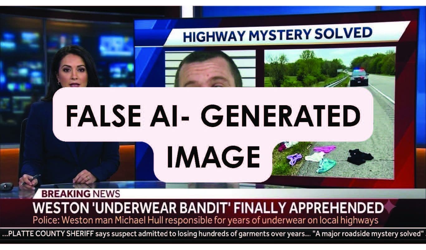 SCREENSHOT VIA FACEBOOK
An AI-generated graphic mimicking a television news report falsely identifies Michael Hull as the “underwear bandit.” The nickname refers to an ongoing local mystery involving new underwear periodically found scattered along area highways. The fabricated image was posted to a Weston community Facebook page at about 10 a.m. Thursday, Sept. 17, and later removed. The original post was labeled as AI-generated content.