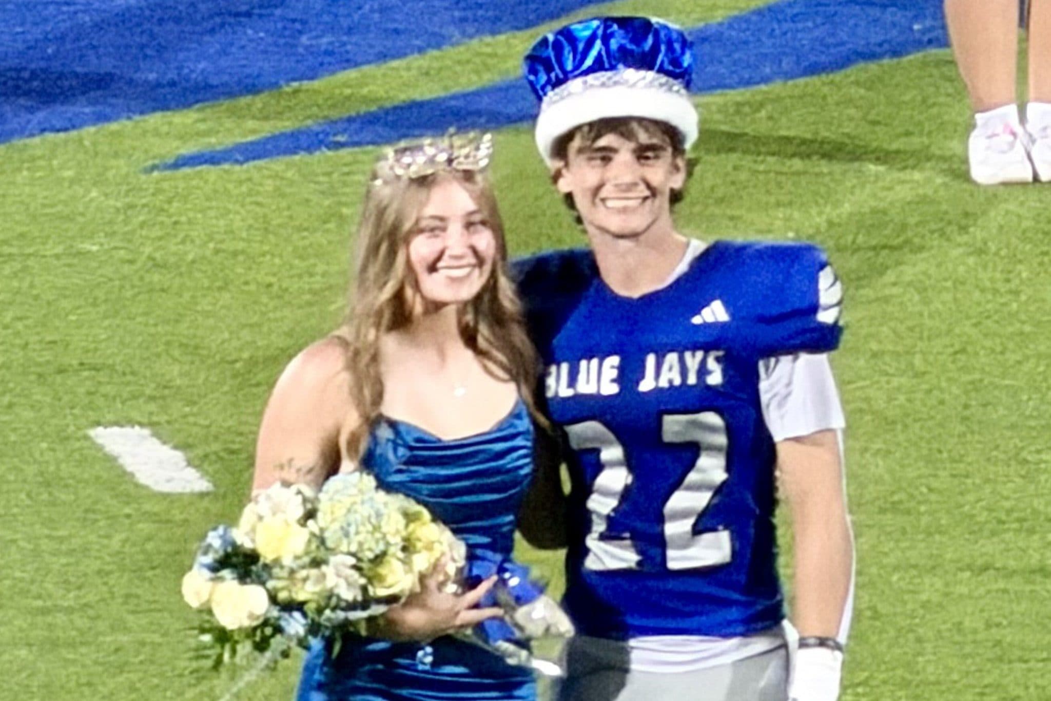 Photo by Jill Kite
West Platte homecoming king Blaze Masoner and queen Brooke Allison pose on the field during the Oct. 9 game against Lawson.