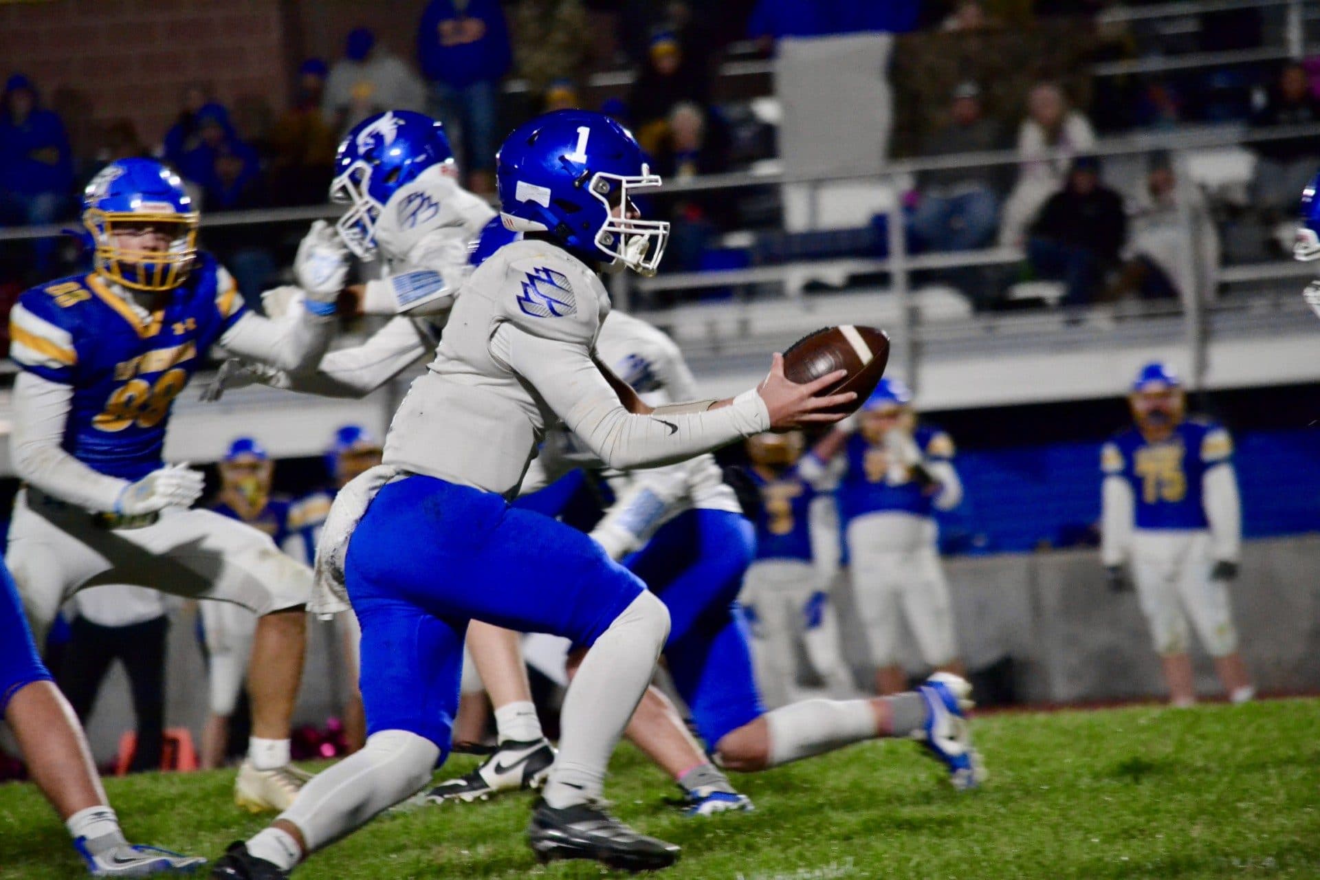 West Platte quarterback Mark Sanders carries the ball during the Bluejays’ 20-13 win over East Buchanan on Oct. 16 in Gower.